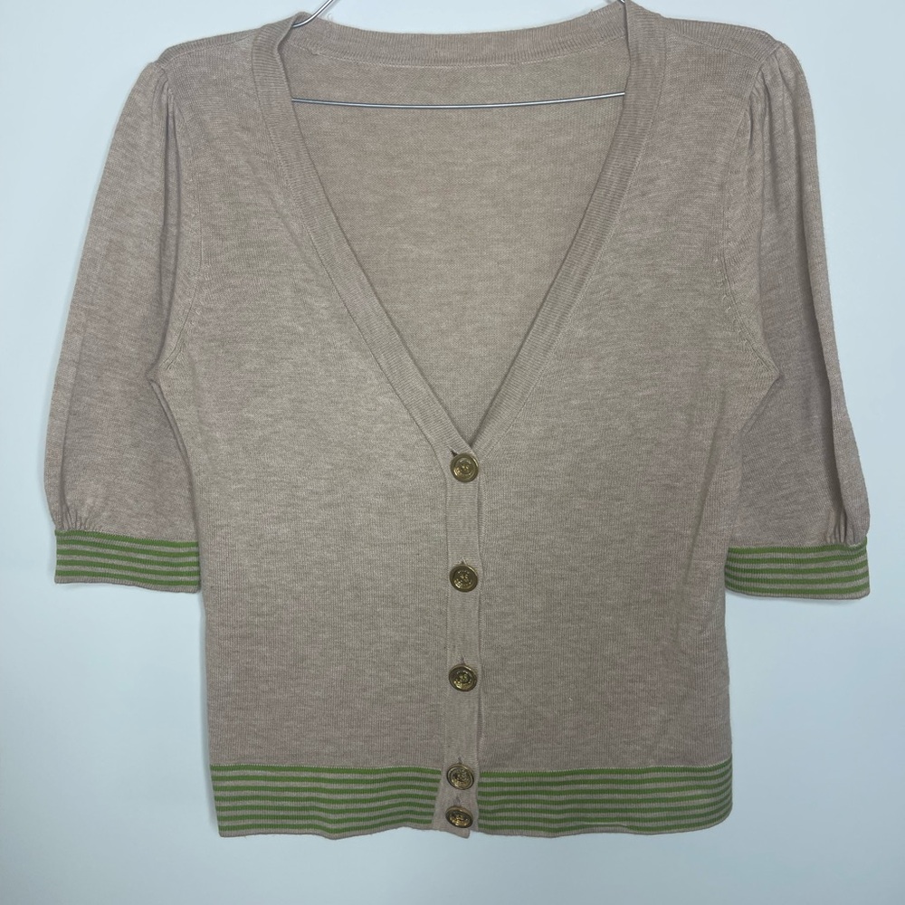 Juicy couture quarter sleeve tan and green, striped detailed cardigan size M